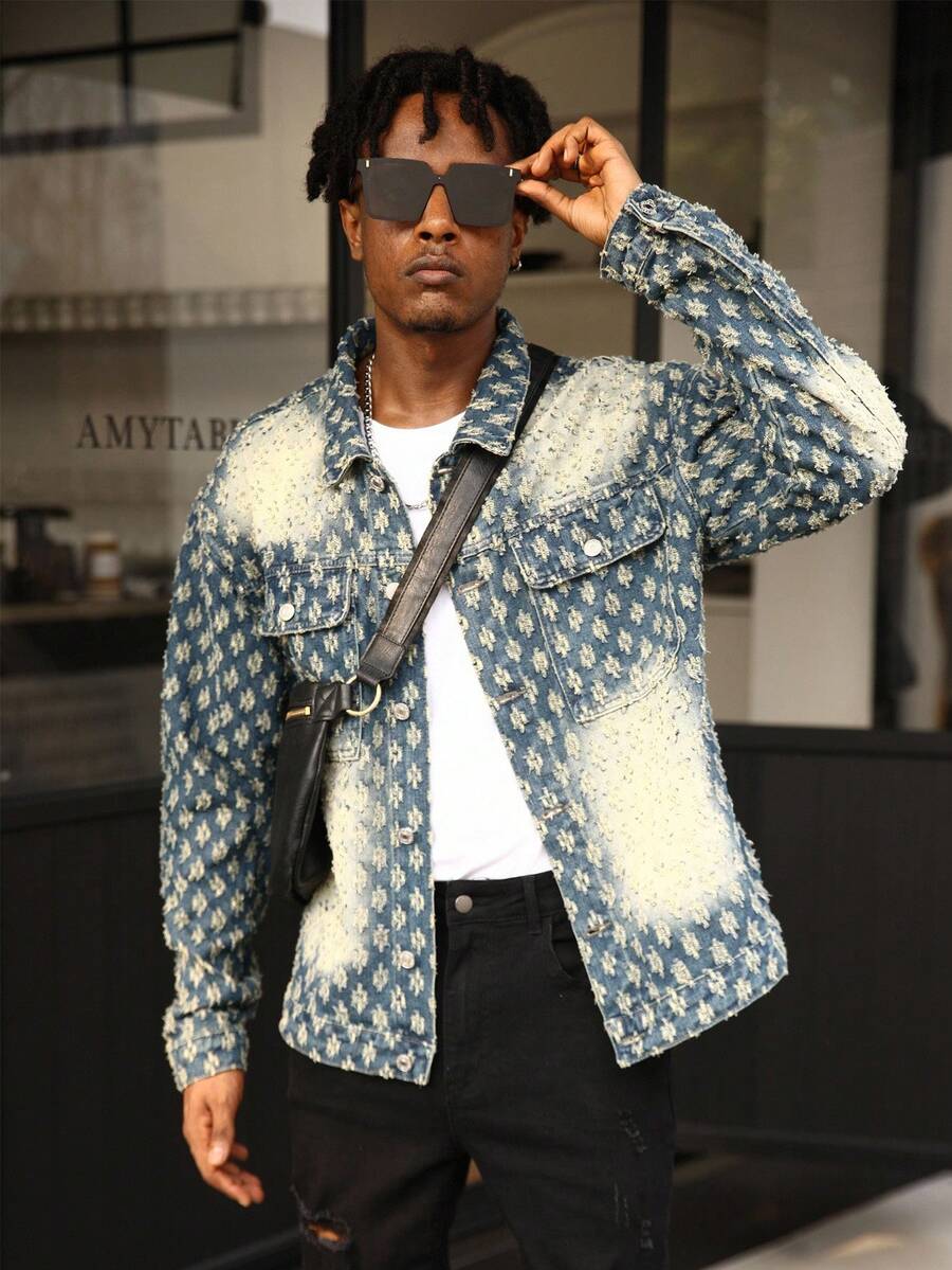 Manfinity Roghcode Autumn Jacquard Lapel Washed Denim Jacket For Men & Women Acid Wash Denim Jacket Men Denim Jacket - Blue - View 1