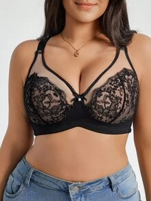 DesireSculpt 1件加大码蕾丝拼接无钢圈内衣文胸 - 黑色 - 查看 8