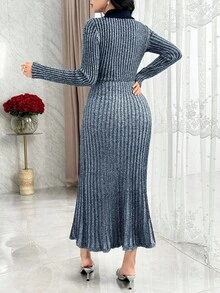 Modelyn Váy dệt kim thanh lịch tay dài cổ màu tương phản thu/đông cho nữ - Nhiều màu - Xem 3