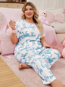 Große Größen Schleifendruck Farbblockdesign Rundhals Pyjama Set, süßer