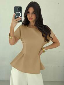 Firerie Áo sơ mi nữ cổ tròn tay ngắn thắt eo xếp ly thiết kế chữ X, phong cách cổ điển, mùa tốt nghiệp, đa năng, mặc đi làm và đi nghỉ, mùa hè - Lạc đà - Xem 5