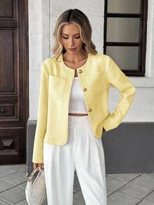 Pariaura 优雅法式编织圆领长袖常规版型女士绿色夹克，夏季新品 - 淡黃色 - 查看 4