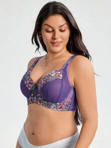 DesireSculpt Plus Size Elegant Floral Embroidery Underwire Bra - Purple - View 9