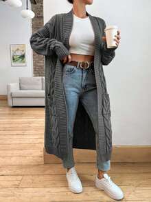 EURMUSE Cabel Pattern Patch Pocket Longline Thick Cardigan - Dark Grey - View 5