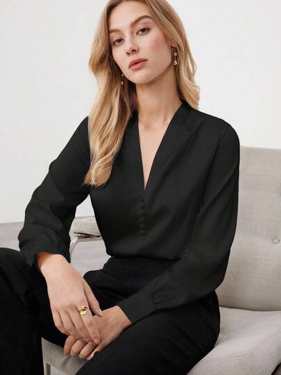 BizChic 女士休闲优雅黑色V领亚麻纽扣肩部褶皱衬衫，百搭办公/商务休闲上衣，适合女性、教师及日常穿着