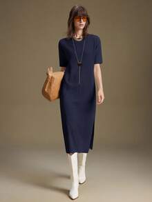 Ontre 女士宽松侧开衩半袖针织连衣裙，百搭百搭商务休闲连衣裙，优雅婚礼宾客连衣裙，秋冬 - 藏蓝色 - 查看 3