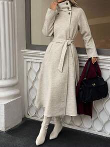 Xyvia 秋冬女装休闲高领纽扣腰带中长款毛呢大衣，老钱风女装/女士办公装/外出装，女士秋装 - 杏色 - 查看 7