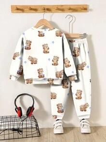 SHEIN 2 件套男婴休闲宽松针织柔软套头衫和裤子套装，适合秋冬季 - 彩色 - 查看 4