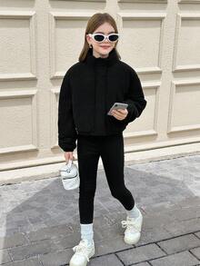 SHEIN Quần áo bé gái tuổi teen, Áo khoác nhung chần bông có khóa kéo, Thích hợp cho bé gái tuổi teen mặc thường ngày, Trở lại trường, Lễ khai giảng, Trang phục hàng ngày, Đi học, Du lịch, Thể thao, Mùa đông, Giáng sinh - màu đen - Xem 3