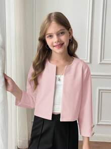 SHEIN Tween Girl Commuting Casual Solid Color Open Front Cropped Knit Jacket With Metal Buttons Autumn Winter Clothes For Girl - Baby Pink - View 5