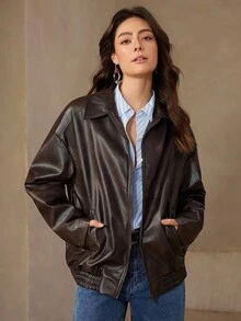 Wildy Chaqueta de cuero tejido de color café para mujeres en otoño/invierno - Marrón - Ver 6