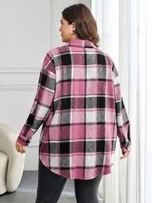 SHEIN Essnce 大码格子前扣落肩长袖休闲宽松百搭衬衫 - 玫紅色 - 查看 2