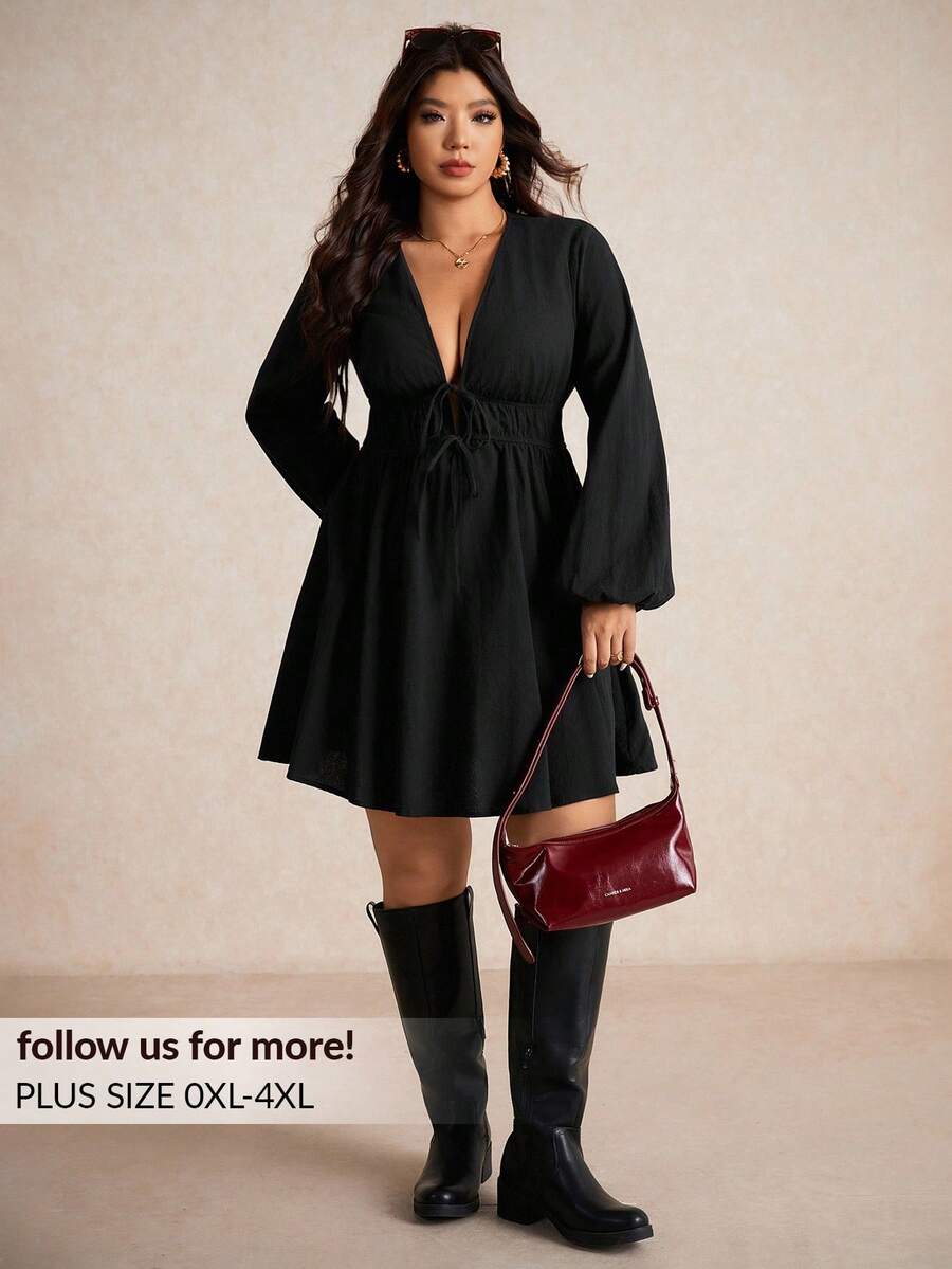 Elaquor Plus Size Solid Color Deep V-Neck Long Sleeve Tie Waist Dress Clothes For Women Spring - Black - View 1