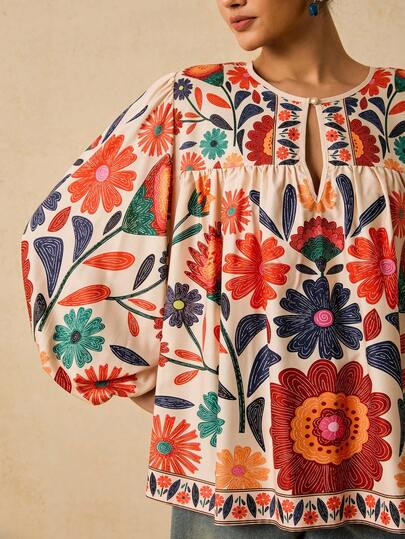 Travachic Plus Size Women Tropical & Pattern Long Sleeve Crew Neck Tie Front Blouse Boho Blouses Bohemian Top Lantern Sleeve Blouse Peasant Blouse Plus Size Boho Tops/Fall/Winter Cotton Blouse Flower Blouses For Women Cozy Fall And Winter Clothes For Women