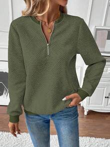 EMERY ROSE Women's Autumn Sweatshirt, Notch Neck, Long Sleeve, Raglan Sleeve, Ribbed Splice, Zipper Decor, Textured Fabric - Green - View 3