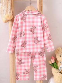 2pcs/Set Young Girl Casual Cute Bear Print Long Sleeve Cardigan And Pants Homewear Set - Dusty Pink - View 2