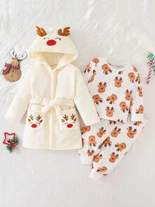 3 件套女婴拉绒连帽家居服套装，针织拉绒长袖上衣和裤子，可爱卡通鹿图案，秋冬 - 杏色 - 查看 1