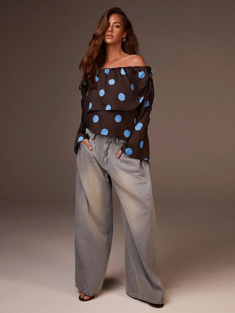 Athîral Women's Chocolate Brown & Blue Polka Dot Off-Shoulder Shirt,Elegant Silky Fabric,Relaxed Fit Ruffle Top For Autumn Brunch,Black Polka Dot Style - Multicolor - View 1