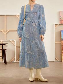 Florisole 女式波西米亚刺绣印花系腰超长 A 字连衣裙，蓝色，春秋季 - 淺藍色 - 查看 1