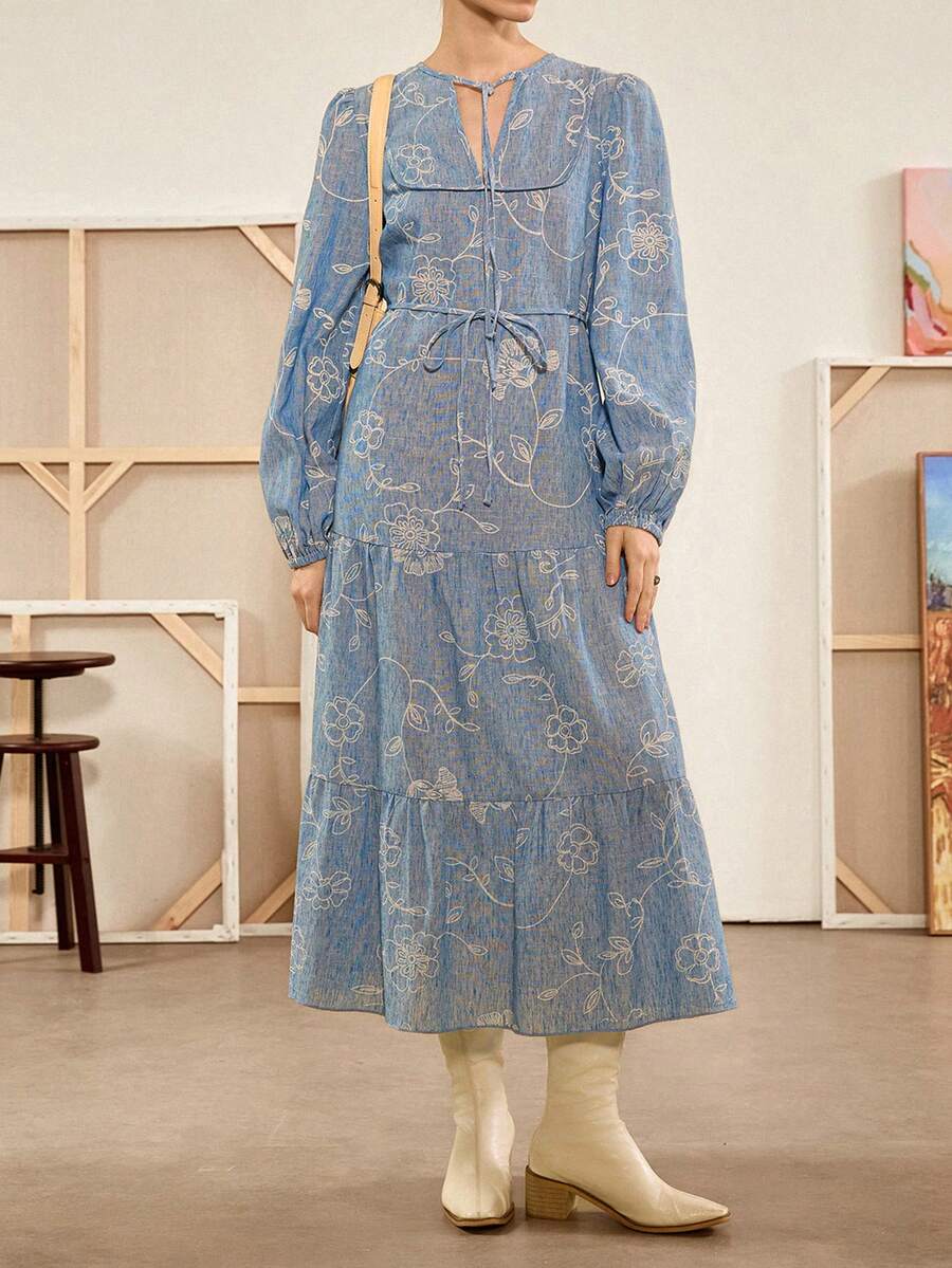 Florisole 女式波西米亚刺绣印花系腰超长 A 字连衣裙,蓝色,春秋季 - 淺藍色 - 查看 1