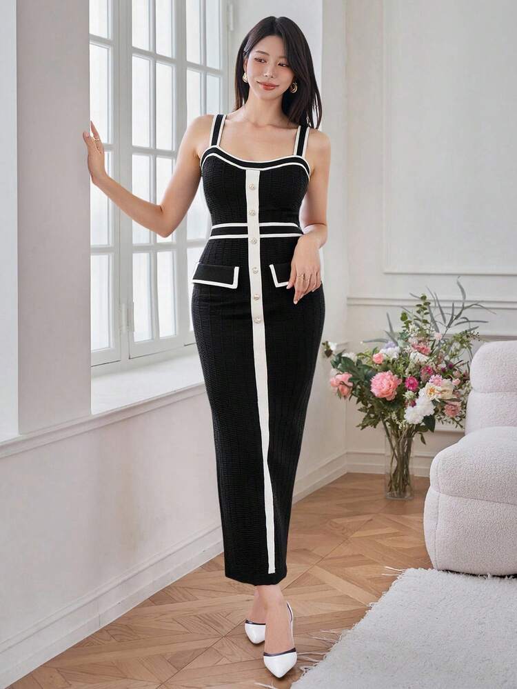 Women's Elegant Square Collar Sleeveless Contrast Trim Sweater Dress, Autumn Maxi Dress