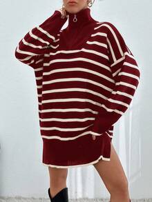 EURMUSE Women Stiped Knit Design Knit Dress With Zipper Detail - Burgundy - View 3