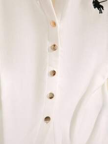 GlowEve 女式休闲刺绣纽扣T恤，带保暖衬里，秋冬 - 白色 - 查看 4