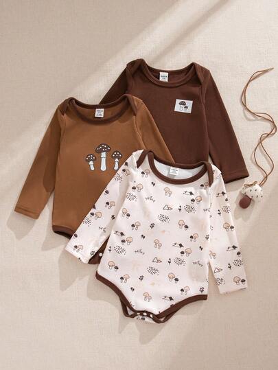 Souflis Souflis 女婴3件套卡通图案长袖连体衣，3件装婴儿套装，棕色婴儿服，摩卡色婴儿服，森林图案婴儿服，秋冬季