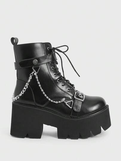 Sugerpunk 女式新款金属链厚底侧拉链时尚8厘米高跟马靴