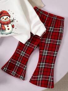 2 Stücke/Set süßes Baby Mädchen Lässig Weihnachts Schneemann Muster Strick Rundhals Langarm Sweatshirt und rote karierte Schlaghose Set, modisches Weihnachtsoutfit, geeignet für Herbst/Winter, leicht und bequem, Layering Option für den Herbst, modische Lässig Kleidung, grafisches Design - Verschiedenfarbig - Übersicht 6