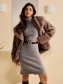 Bluhae 女式秋冬高领中长性感修身开衩针织连衣裙 - 灰色 - 查看 1