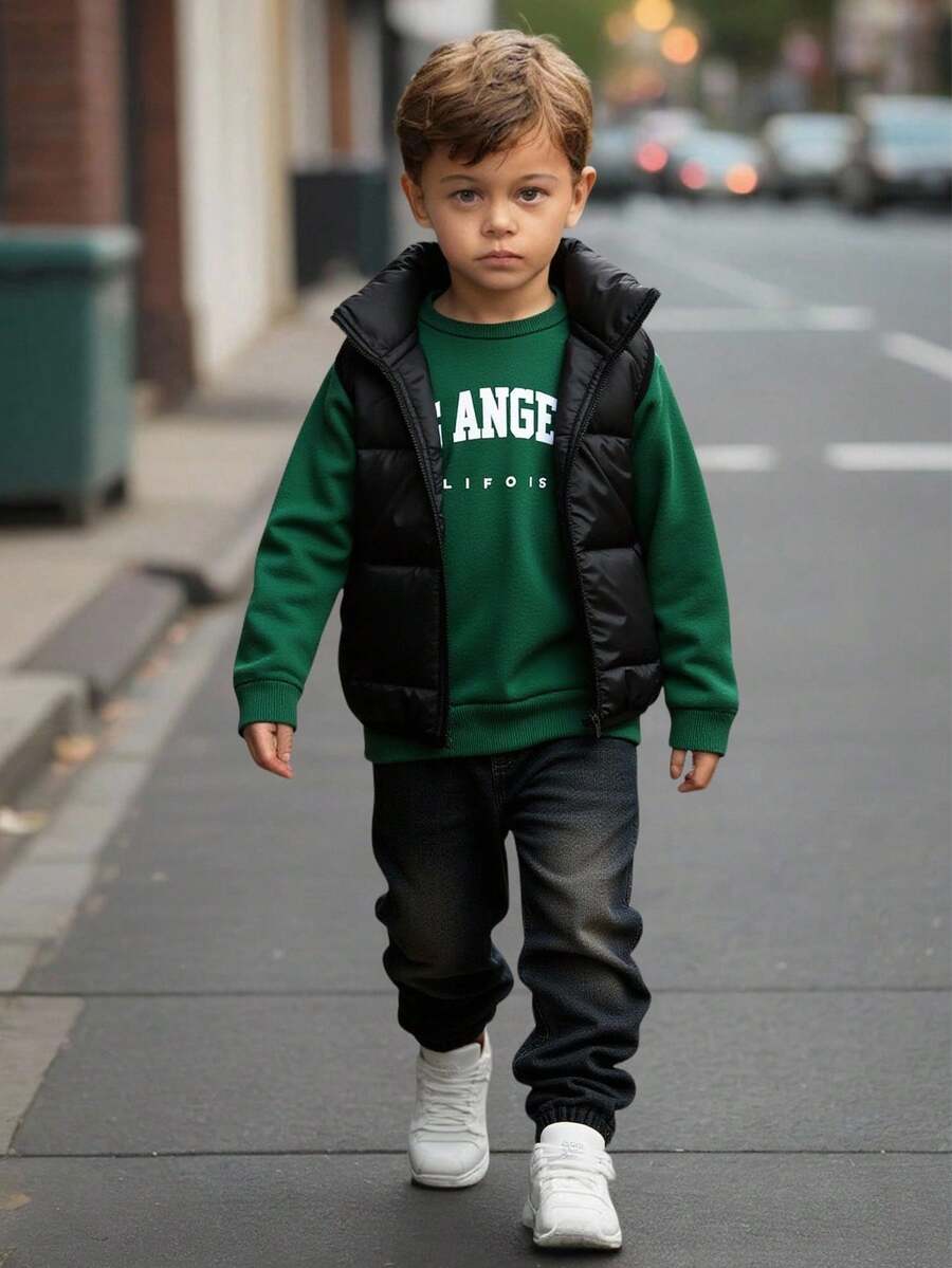 SHEIN 3 件套：年轻男孩加厚百搭黑色背心外套、绿色宽松印花连帽卫衣、水洗个性工装裤，韩版休闲街头时尚秋冬 - 彩色 - 查看 1