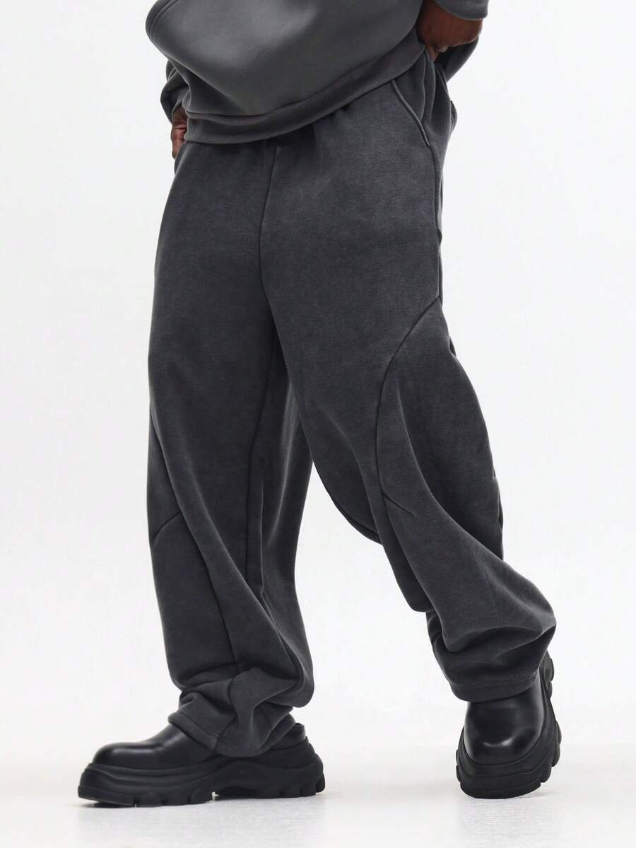 SUMWON 经典款重磅棉混纺拼接慢跑运动裤，宽松版型，休闲秋冬居家服，侧边口袋，弹性裤脚，纯色 - 深灰色 - 查看 1