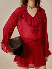 Uhlyne 女士荷叶边V领串珠衬衫和半裙两件套，秋季服装 - 酒紅色 - 查看 1