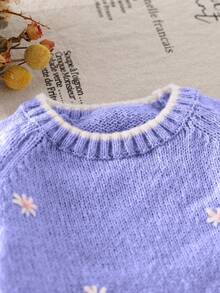 SHEIN Vintaside Kids 女嬰刺繡針織毛衣寬腿褲套裝，粉色花卉紫色，秋季，親子款休閒針織套裝，幼兒男童秋冬款 - 淡紫色 - 查看 3