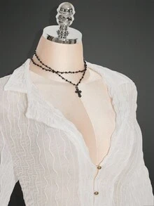 SHEIN ICON Áo xuyên thấu viền bất đối xứng PLUS (Không có áo ngực) Cỡ lớn, Bộ váy hai lớp hai mảnh, Thích hợp cho mùa thu - trắng - Xem 6