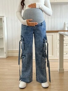 SHEIN 孕妇休闲百搭口袋阔腿工装牛仔裤 - 中等水洗藍 - 查看 6