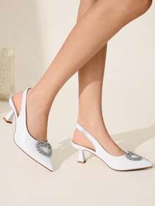 CUCCOO CHICEST 女士优雅尖头高跟鞋，心形水钻装饰，适合通勤、浪漫约会、职场、情人节和正式场合 - 白色 - 查看 5