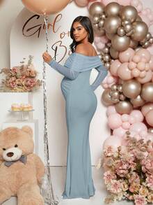 Loomaby Pregnant Women Off-Shoulder Fishtail Baby Shower Long Sleeve Dress For Maternity
