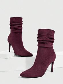 Daringsoles Bottes mi-mollet à talons hauts élégantes et sexy à bout pointu pour femmes, couleur rouge vin