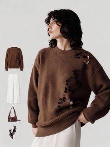 Uhlyne 女士休闲优雅宽松针织高领毛衣，适合万圣节之夜、约会之夜等场合，针织上衣 - 棕色 - 查看 1