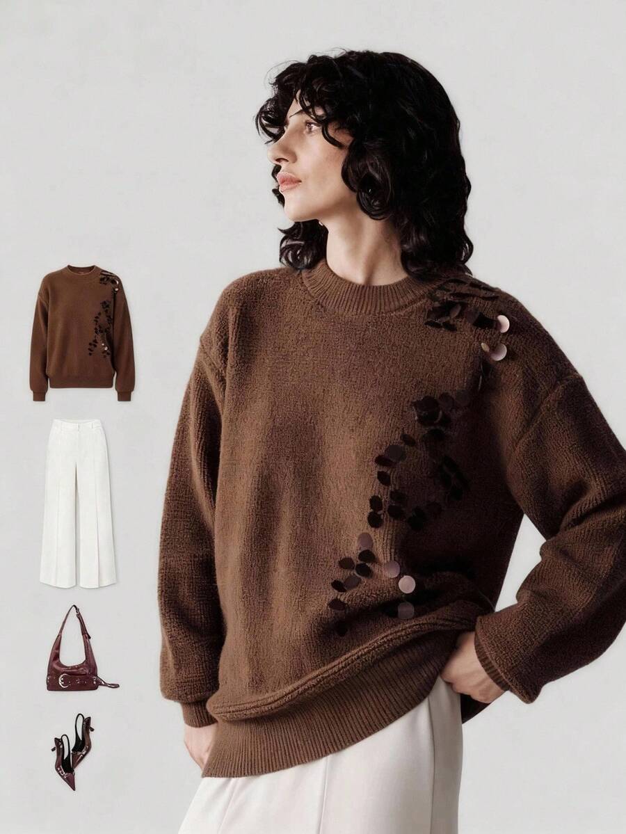 Uhlyne 女士休闲优雅宽松针织高领毛衣，适合万圣节之夜、约会之夜等场合，针织上衣 - 棕色 - 查看 1