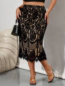 Firerie Váy dài họa tiết hoa hình học cổ chữ V ren tương phản cỡ lớn cho nữ, thích hợp cho các buổi hẹn hò và tiệc tối - màu đen - Xem 7