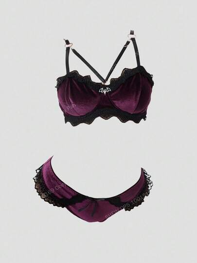 Goth Gotischer Samt-Spitzen-Fledermaus-BH mit Bügel und Slip-Set
