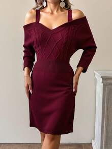 EURMUSE 女士纯色灯笼袖收腰短款休闲针织毛衣裙，秋冬款，感恩节适用 - 酒紅色 - 查看 4