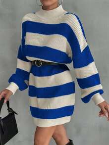 SHEIN Cottnline Women Drop Shoulder Sweater Dress With Striped Pattern - Royal Blue - View 4