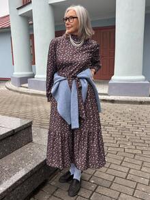 Vivie Lora Women's High Neck Cinched Waist A-Line Midi Dress - Brown - View 7