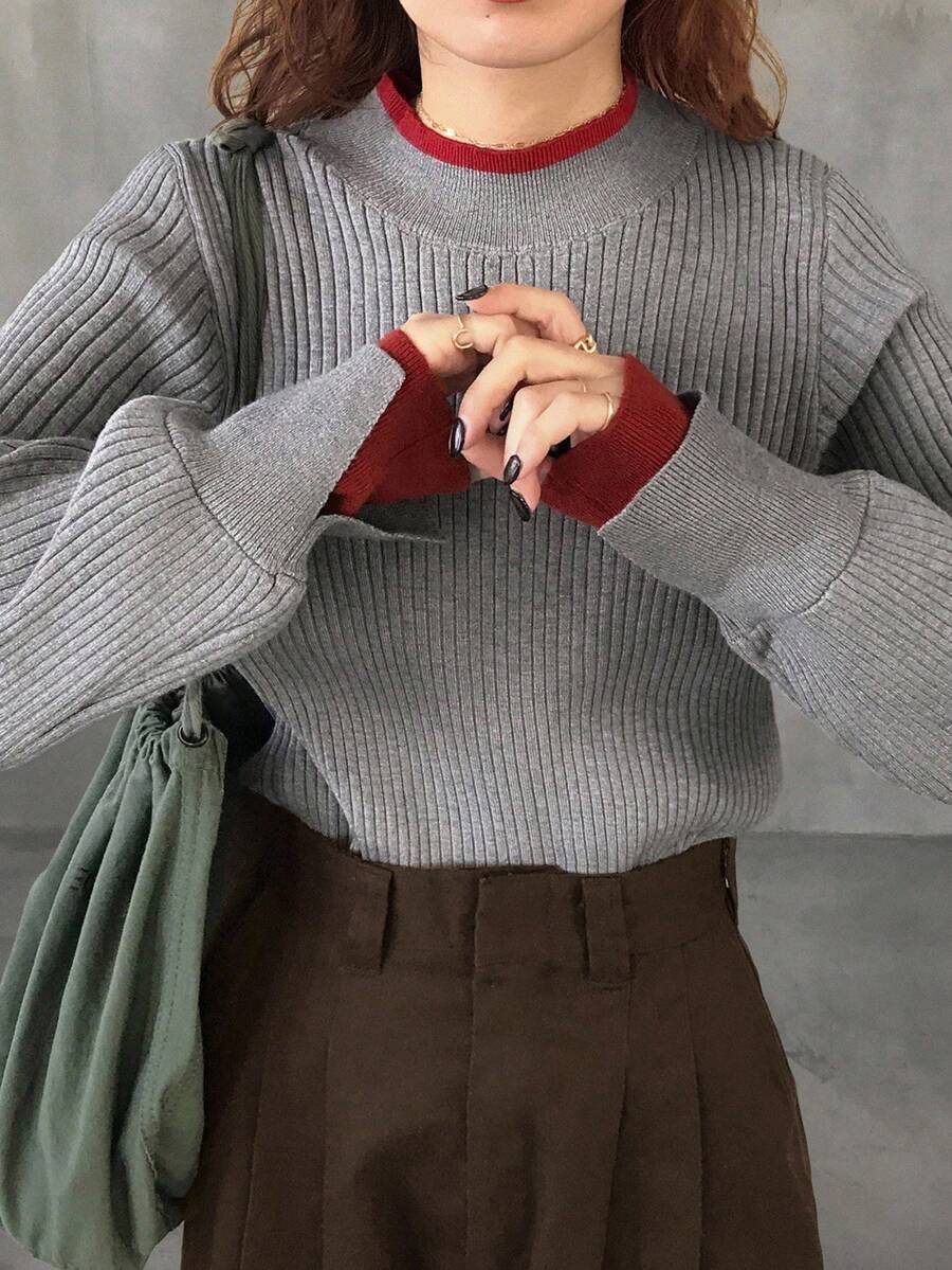 FRIFUL 女式撞色立领落肩长袖宽松休闲套头衫，百搭秋季 - 灰色 - 查看 1