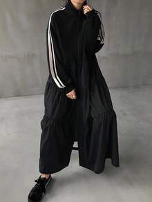 FRIFUL 女士字母印花条纹拉链长款休闲外套，秋季女装外套 - 黑色 - 查看 3