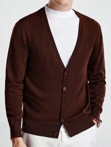 Manfinity CityGents Áo len cardigan dệt kim dài tay màu trơn thường ngày cho nam, Thu/Đông - Cà phê nâu - Xem 5